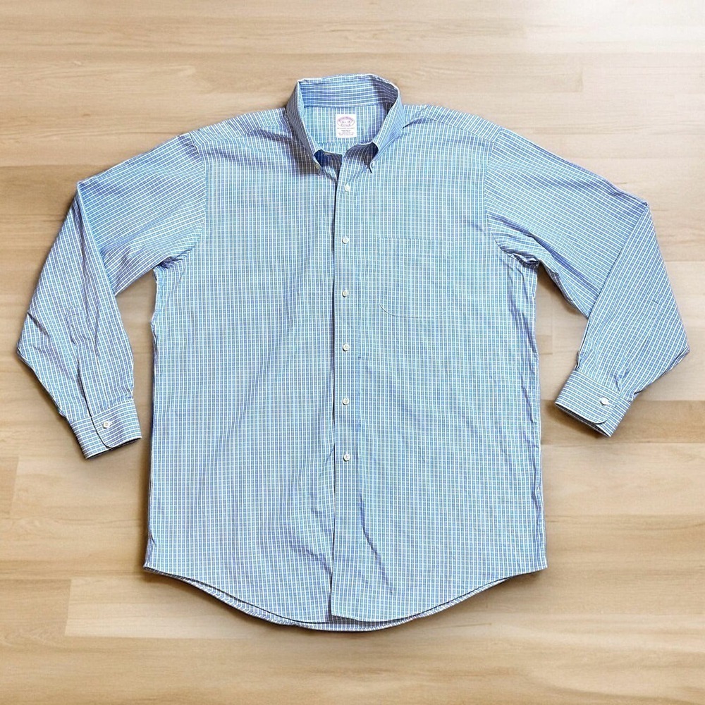 Brooks Brothers Dress Shirt Mens Blue White Plaid Non-Iron Size 16.5 - 34